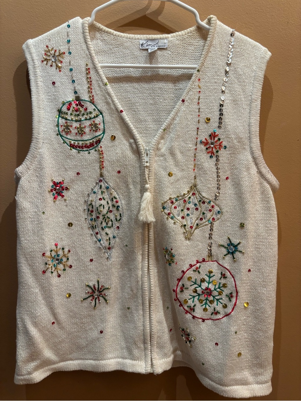 Kim Rogers ivory holiday sweater zip vest festive beaded sequined Christmas larg
